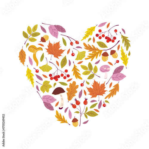 Heart-shaped Autumn still life. Hand drawn fall plants. Harvest festival theme. Cute template for card, cover, seasonal designs. Flat style vector illustration.