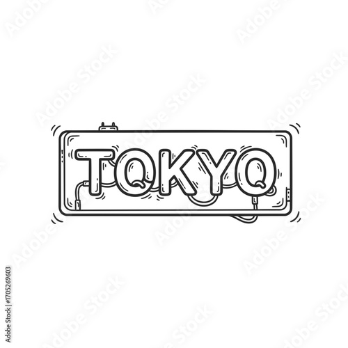 Hand-drawn sketch of a sign displaying the city of Tokyo.