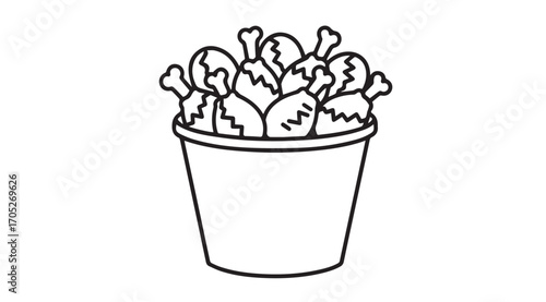 A simple black and white line drawing of a bucket overflowing with fried chicken legs silhouette