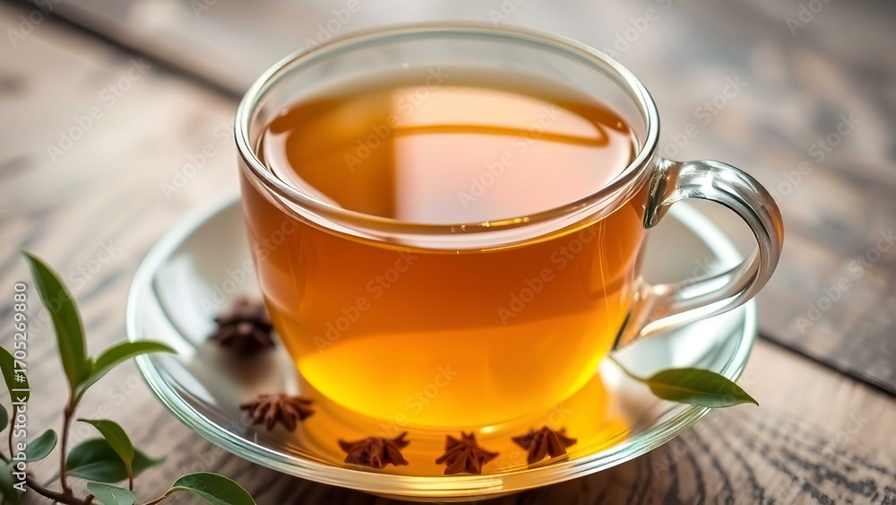 A clear glass cup of golden herbal tea on a white saucer, surrounded by star anise and green leaves, set on a rustic wooden surface for a cozy and natural tea experience. A clear glass cup of golden herbal tea on a white saucer, surrounded by star anise and green leaves, set on a rustic wooden surface for a cozy and natural tea experience.