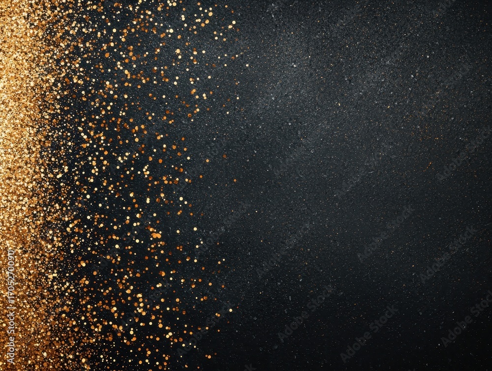 Fototapeta premium A shimmering gold glitter effect fades into a dark background, creating a striking visual contrast and a sense of elegance.