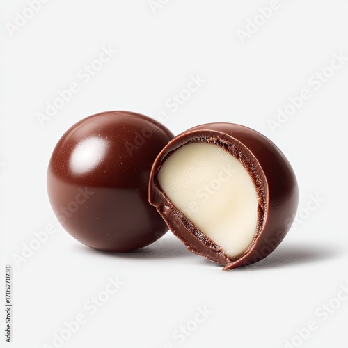 Two dark chocolate spheres, one whole, the other halved, revealing a creamy white filling.  A subtle shadow is cast beneath