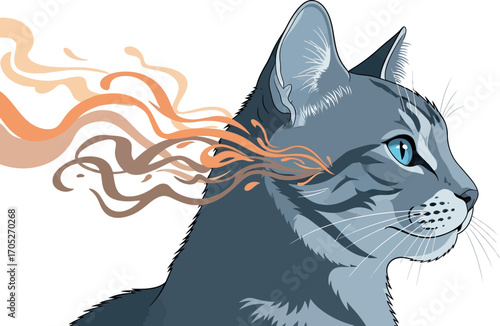 Mysterious blue-eyed cat with swirling thoughts emanating from its head.