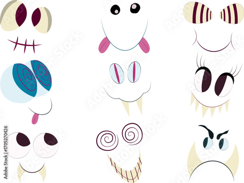 A set of stylized facial expressions with various spiraled and striped eyes and fanged, smiling mouths. Perfect for creating whimsical Halloween characters or spooky designs.