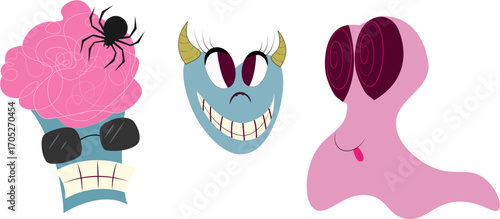 A set of three stylized, cartoon monsters. The whimsical characters include a brain like creature with a spider, a horned monster, and a spiral eyed monster with a tongue sticking out.
