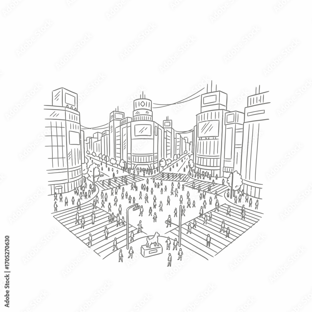 Obraz premium Line drawing of Shibuya Crossing, Tokyo, showing crowds of people crossing the street amidst tall buildings with screens.
