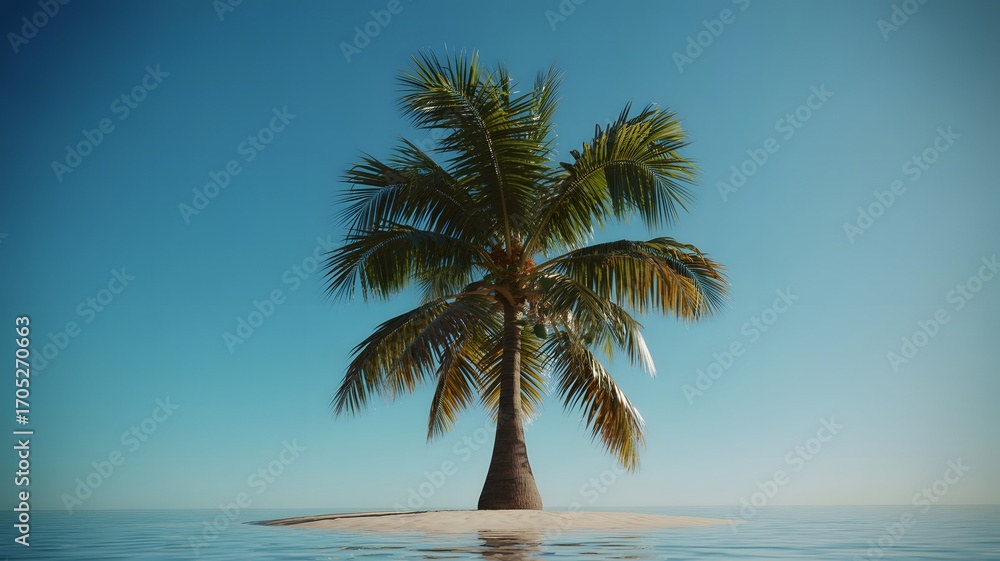 Fototapeta premium Blue Sky and Calm Ocean with Green Palm Tree