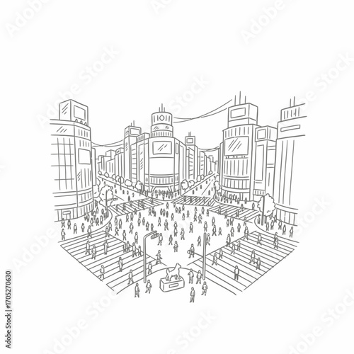 Line drawing of Shibuya Crossing, Tokyo, showing crowds of people crossing the street amidst tall buildings with screens.