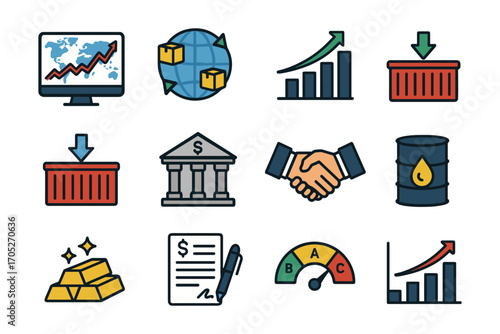 Business and financial icons set: growth, investment, global market trends