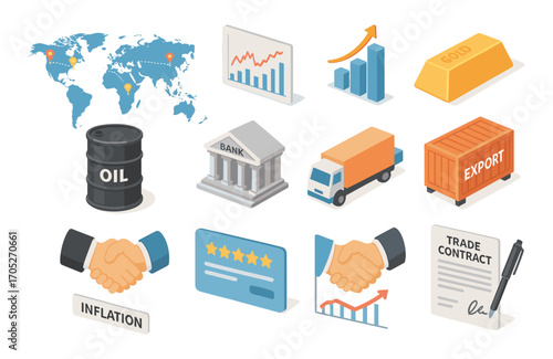 Isometric economic growth elements: charts, trade, and global business icons