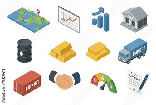 Isometric economic elements: global trade, banking, graphs, and contracts
