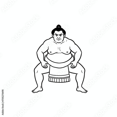 A monochrome illustration of a sumo wrestler in a ready stance, prepared for a match.