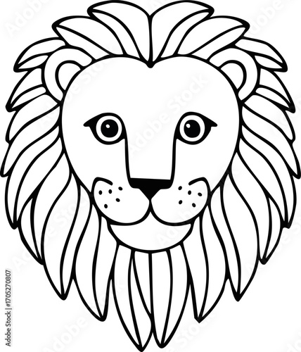 A stylized black and white outline drawing of a lion's face with a prominent mane.