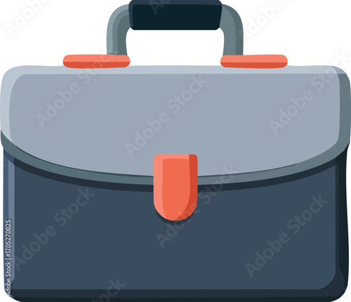 A close-up illustration of a dark blue and gray briefcase with orange accents, featuring a sturdy handle and a prominent clasp.