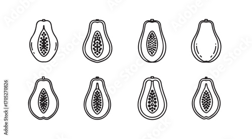 Collection of papaya halves and whole papaya silhouette illustrations