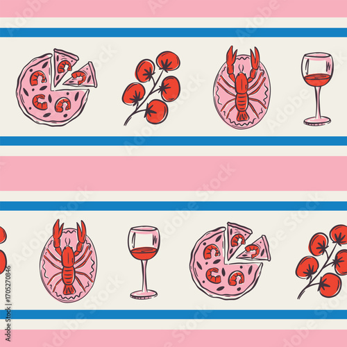 Whimsical hand drawn sea food seamless pattern in trendy whimsical style. Perfect  background for quirky italian wedding holiday, poster cards, dinner and bar menu, fabric, wrapping paper