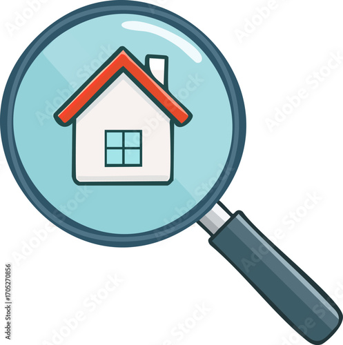 A magnifying glass is focused on a simple illustration of a house, symbolizing property search or real estate investigation.