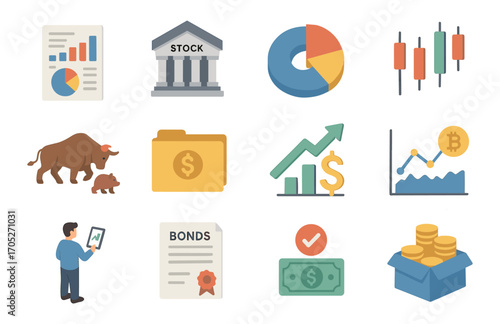 Financial and market growth icons collection with bull and bear symbols