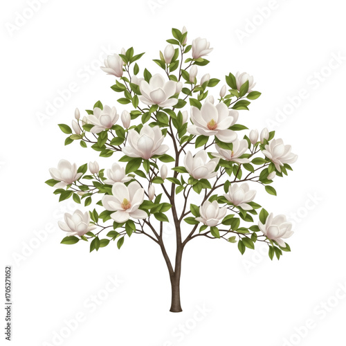 White magnolia tree with flowers isolated on transparent background