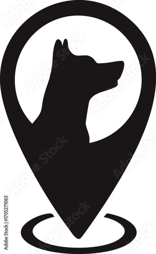 A black silhouette of a dog's head inside a location pin icon, symbolizing a dog-friendly place or pet tracking.