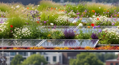 Lush Green Roof with Solar Panels and Blooming Flowers.