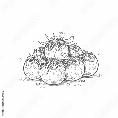 A hand-drawn illustration of a delicious pile of takoyaki, a popular Japanese street food, drizzled with savory sauce.