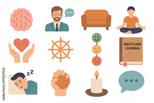 Wellness icons set featuring meditation, gratitude, and mental health symbols