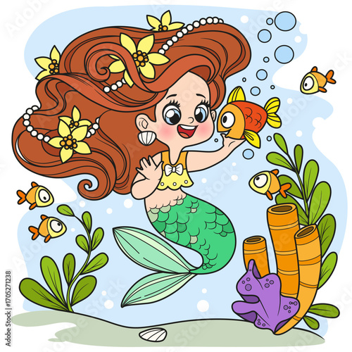Cute little mermaid girl with lush long hair speaks to fish nearby isolated on white background
