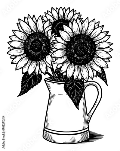 Sunflowers in a Pitcher Black and White Outline Line Art Drawing Illustration Decorative Vintage Style