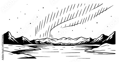 Arctic Landscape with Lake and Aurora Borealis Coloring Book Style Black and White Outline Line Art Drawing