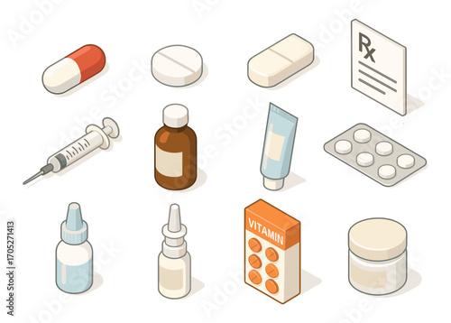 Isometric medical supplies collection featuring medication and healthcare essentials