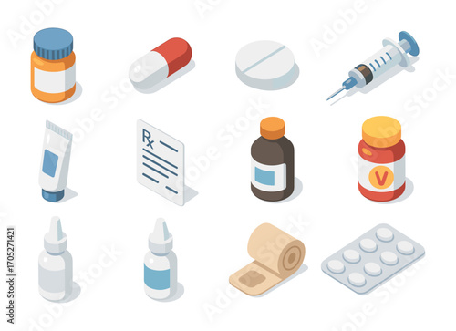 Isometric medical supplies collection with pills, syringe, and medication bottles