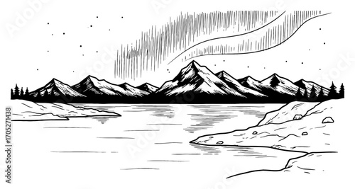 Beautiful Arctic Landscape Lake and Mountains with Aurora Borealis Black and White Outline Line Art Drawing