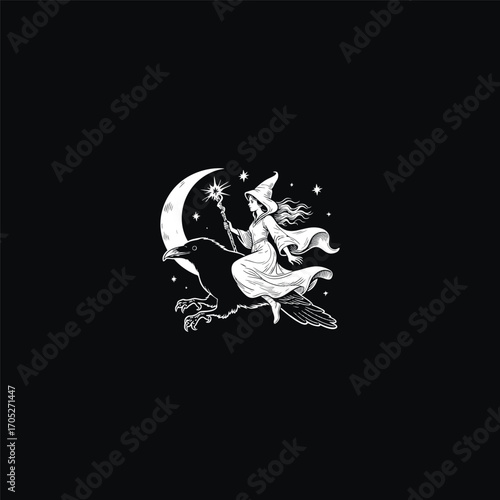 engraving of a flying witch riding a majestic black raven. The witch is depicted in a pointed hat and flowing gown, holding a glowing staff. Vector illustration