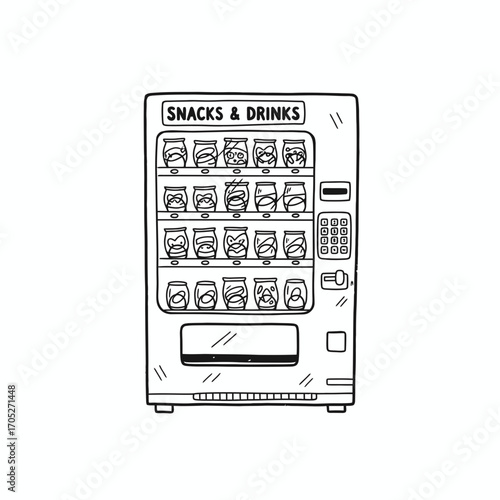A black and white illustration of a vending machine filled with snacks and drinks, ready for purchase.