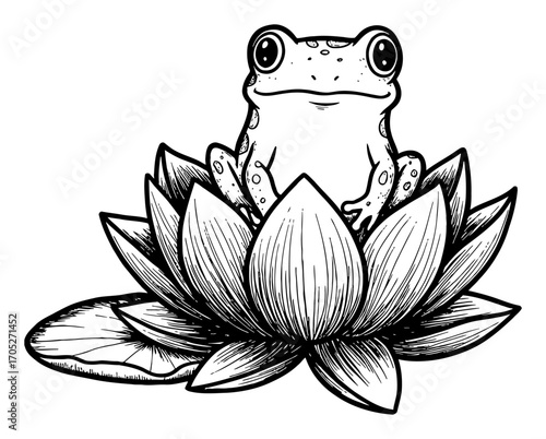 Cute Frog Sitting on a Lotus Flower Black and White Outline Line Art Drawing Vector Illustration