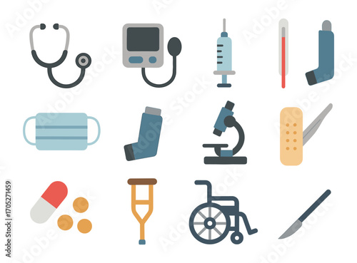 Healthcare tools and equipment: essential medical items in flat design