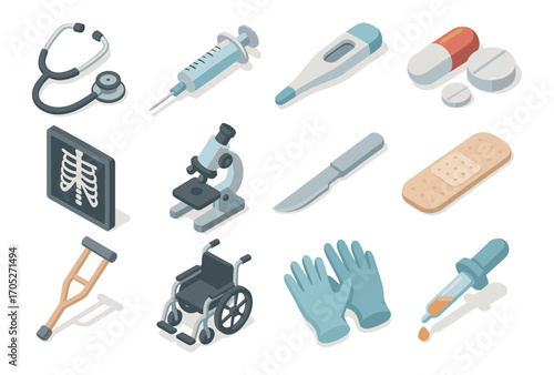Isometric medical equipment set: healthcare tools and devices collection