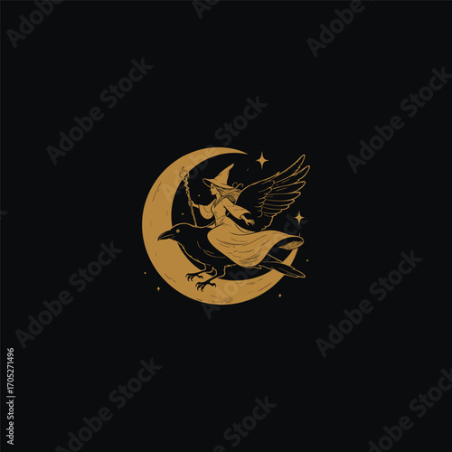 engraving of a flying witch riding a majestic black raven. The witch is depicted in a pointed hat and flowing gown, holding a glowing staff. Vector illustration