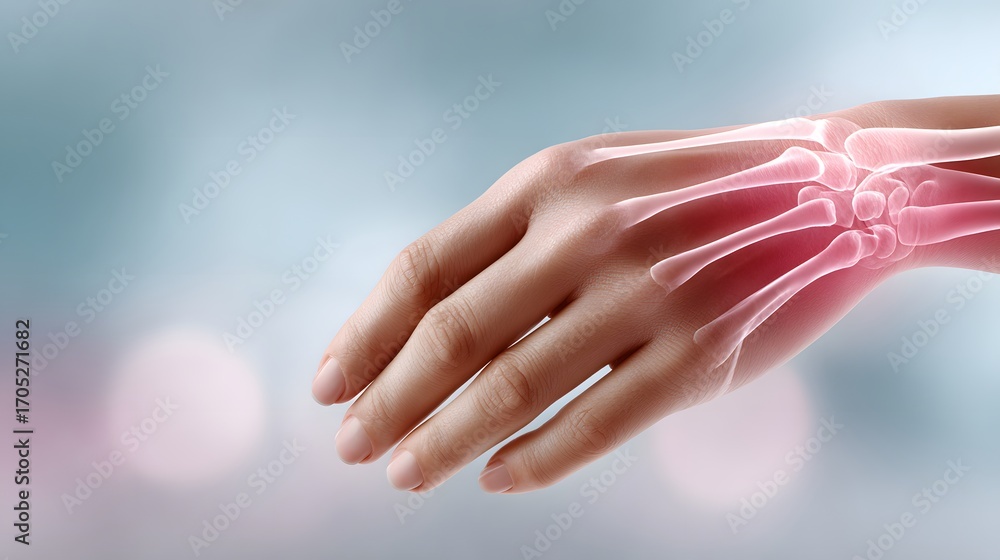 Naklejka premium Hand with highlighted bones showing pain and injury, medical concept