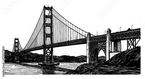 Golden Gate Bridge Side View Illustration in Classic Black and White Outline Line Art Drawing