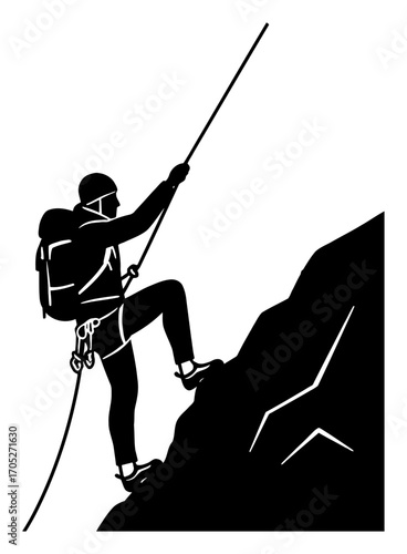 Mountain Climber Ascending Rock Face with Rope and Backpack Simple Logo Black and White Outline Line Art Drawing