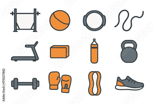 Gym equipment icons: fitness symbols featuring weights, treadmill, and boxing gear