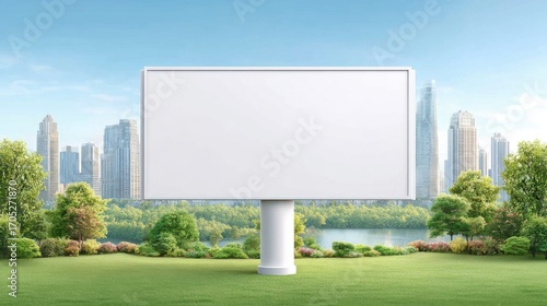 Wallpaper Mural Blank billboard on green grass field with cityscape background for outdoor advertisement mockup display Torontodigital.ca