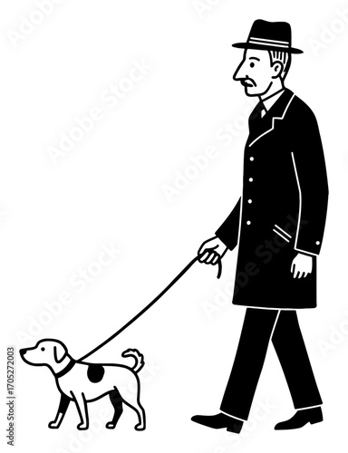 Vintage Gentleman Walking a Dog on Leash Cartoon Style Black and White Outline Line Art Drawing