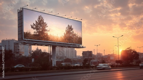 Outdoor billboard mockup displayed on the side of the road near a shopping center for advertising purposes