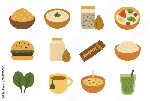 Healthy food icons set featuring smoothie bowl, energy bar, and soup