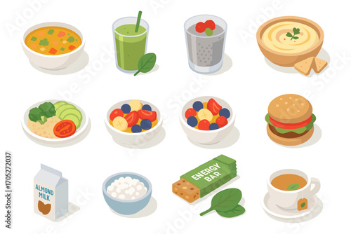 Healthy food and drinks collection in isometric style featuring smoothies, salads, soups, and snacks for a balanced diet