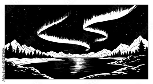 Arctic Landscape with Lake and Aurora Black and White Outline Line Art Drawing Coloring Book Style
