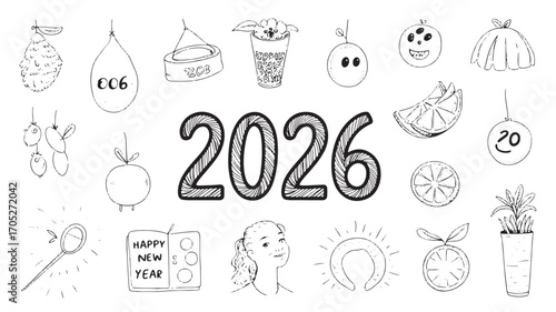 Hand-drawn doodle illustration for the year 2026 featuring fruits drinks and celebratory elements